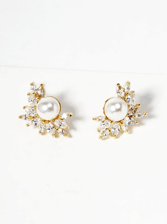 18K Gold Dipped Symmetrical CZ Pave Pearl Post Stud Earrings