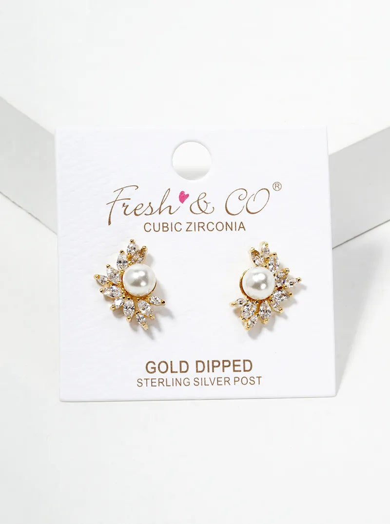 18K Gold Dipped Symmetrical CZ Pave Pearl Post Stud Earrings