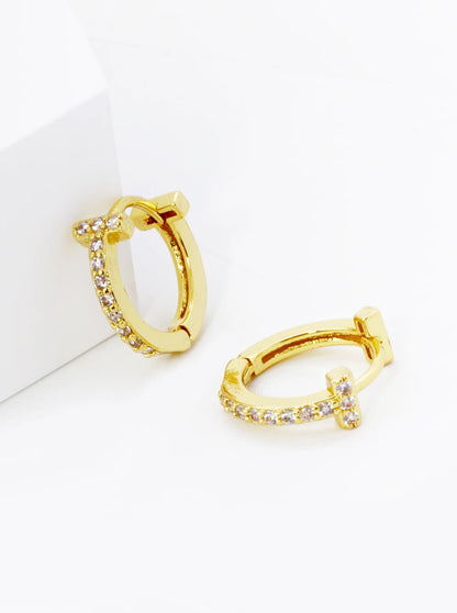 18K Gold Dipped T Shape Micro Pave Set Cubic Zirconia 12mm Huggie Hoop Earrings