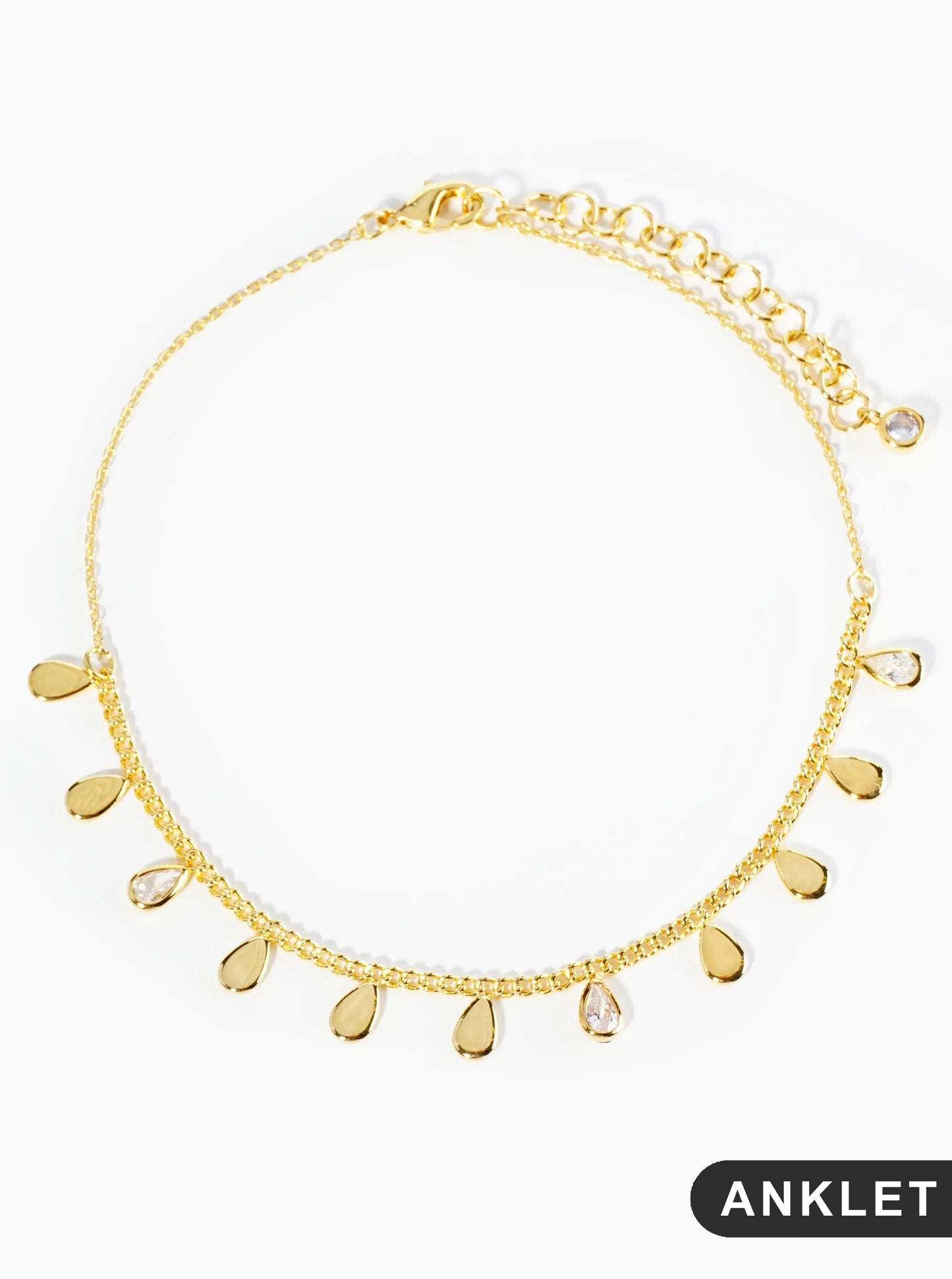 18K Gold Dipped Teardrop CZ Stones Brass Chain Tassel Anklet