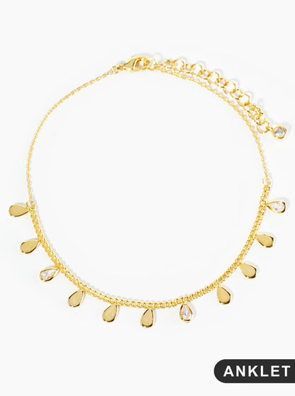 18K Gold Dipped Teardrop CZ Stones Brass Chain Tassel Anklet