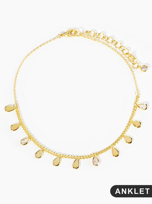 18K Gold Dipped Teardrop CZ Stones Brass Chain Tassel Anklet