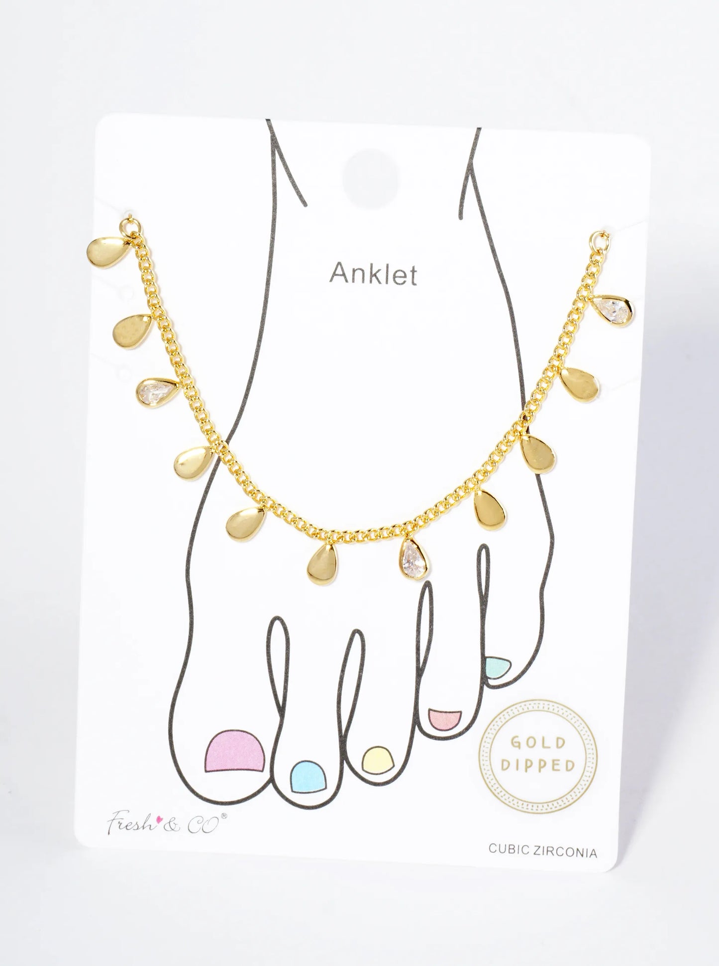 18K Gold Dipped Teardrop CZ Stones Brass Chain Tassel Anklet