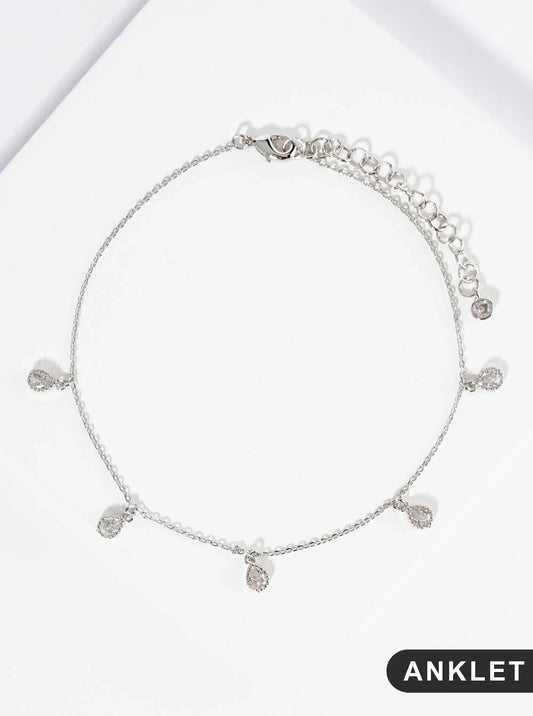 18K Gold Dipped Teardrop Cubic Zirconia Charm Brass Chain Anklet