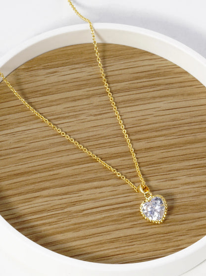 18K Gold Dipped Textured 10mm CZ Stone Heart Pendant Necklace