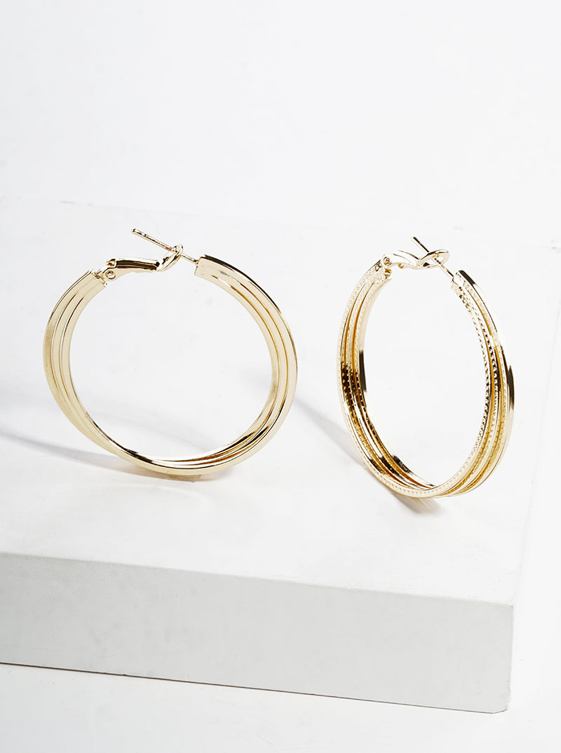 18K Gold Dipped Textured 40mm Layered Leverback Hoop Earrings