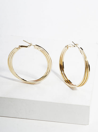 18K Gold Dipped Textured 40mm Layered Leverback Hoop Earrings