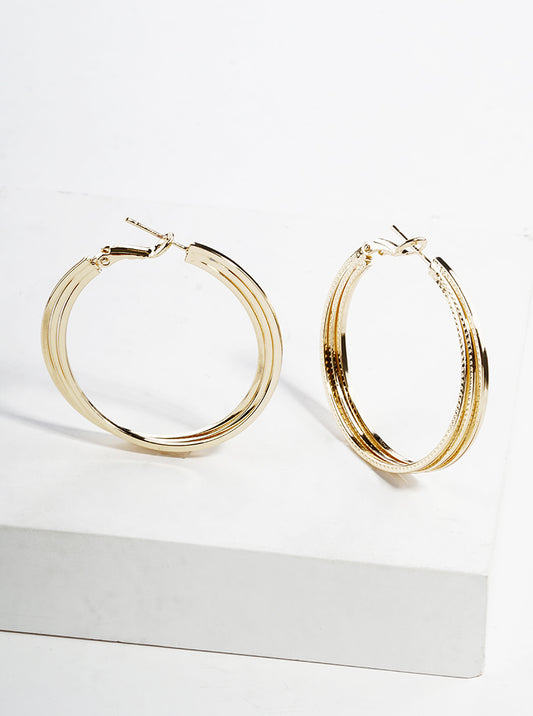 18K Gold Dipped Textured 40mm Layered Leverback Hoop Earrings