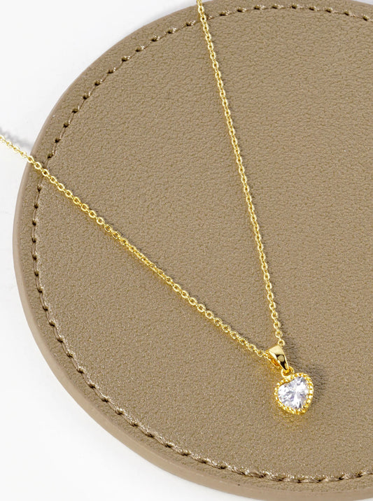 18K Gold Dipped Textured 7mm CZ Stone Heart Pendant Necklace