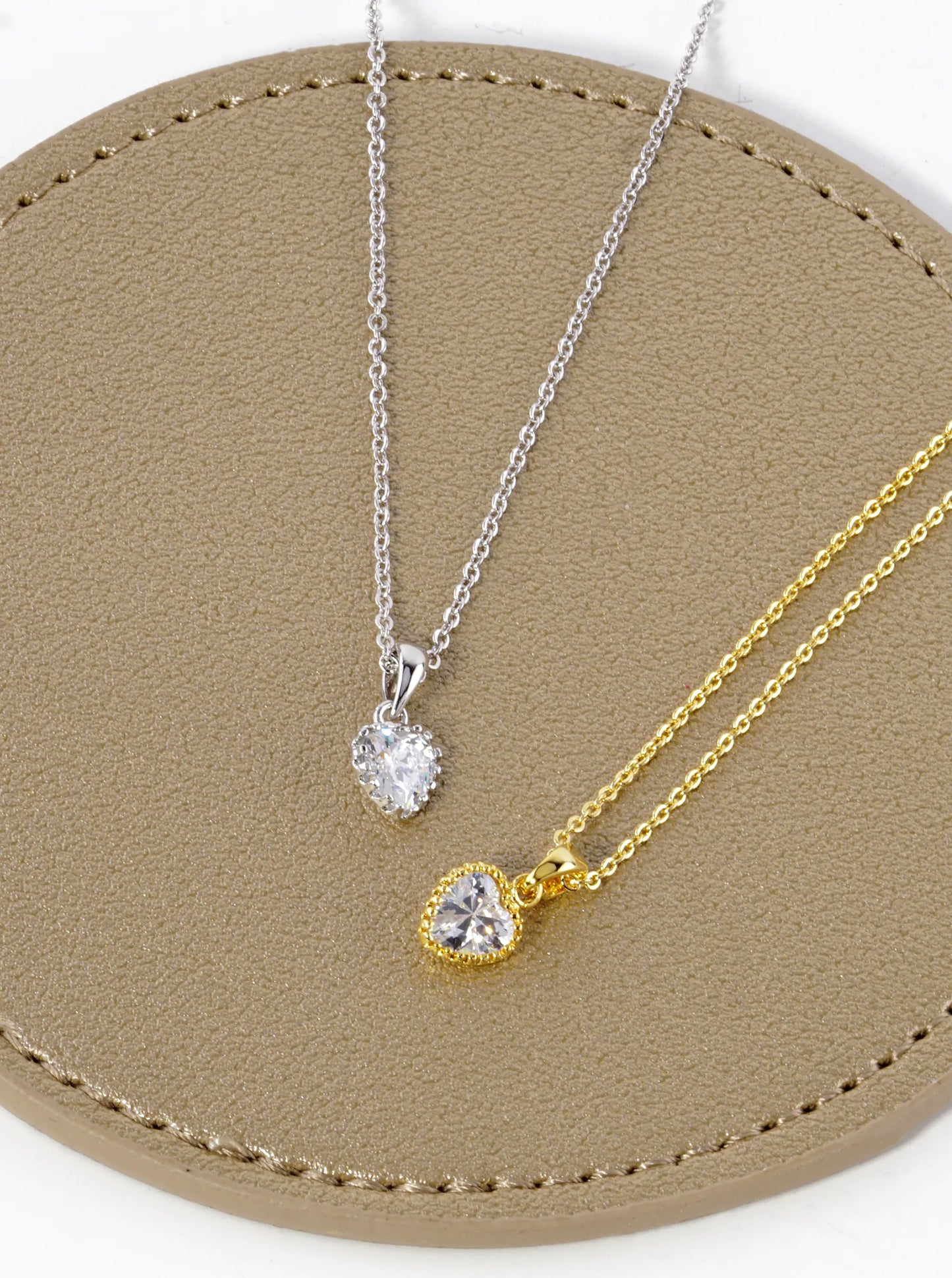 18K Gold Dipped Textured 7mm CZ Stone Heart Pendant Necklace