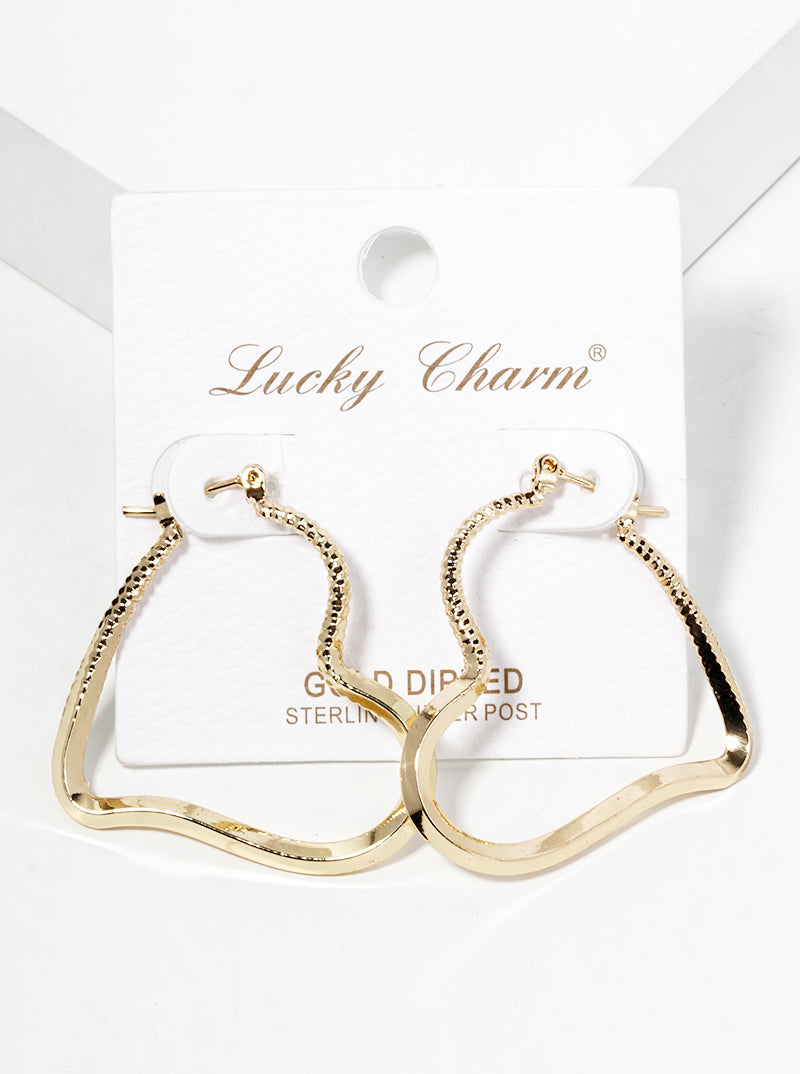 18K Gold Dipped Textured Brass Heart Hinged Hoop Earrings