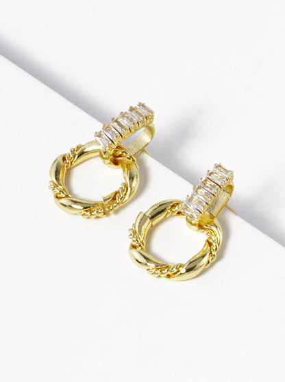 18K Gold Dipped Textured Circle Drop Baguette CZ Door Knocker Earrings