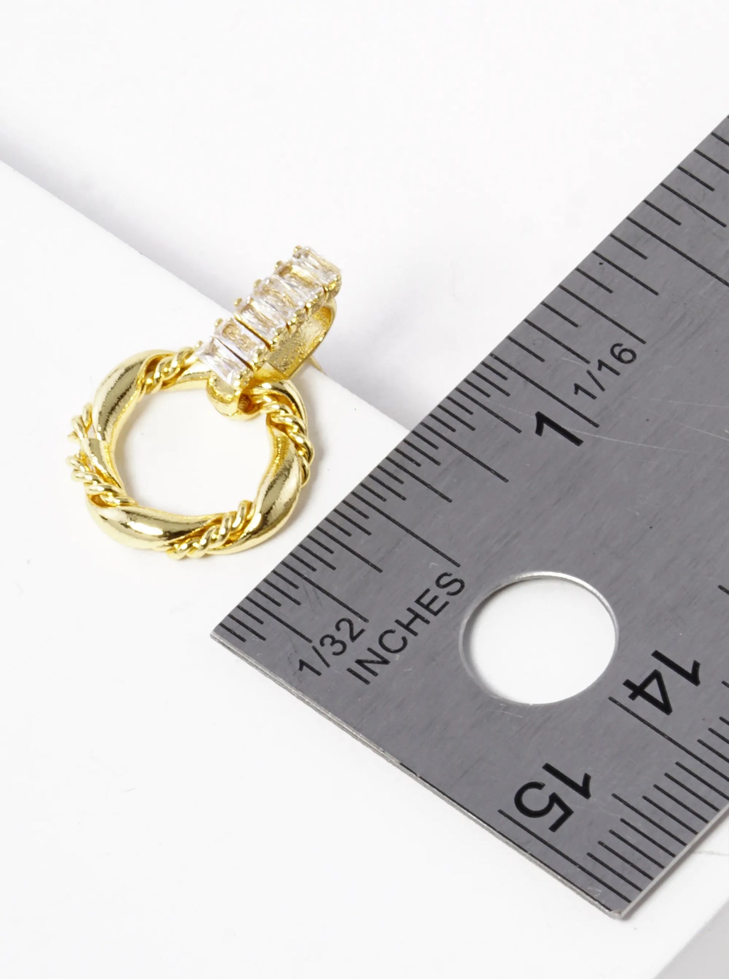 18K Gold Dipped Textured Circle Drop Baguette CZ Door Knocker Earrings