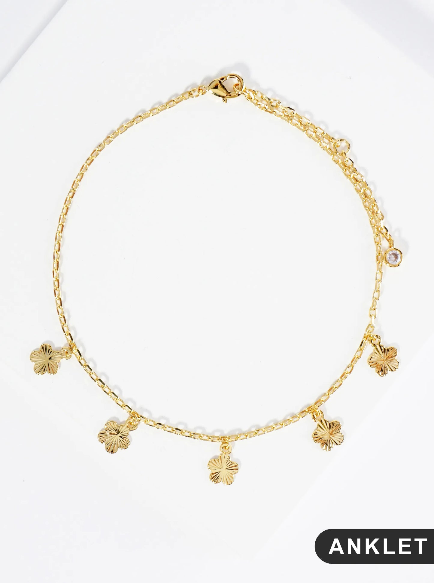 18K Gold Dipped Textured Flower Charms Brass Chain Anklet