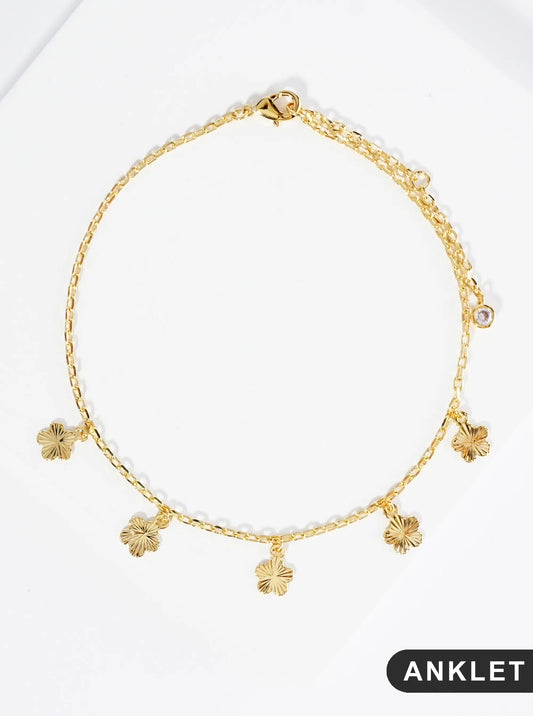 18K Gold Dipped Textured Flower Charms Brass Chain Anklet