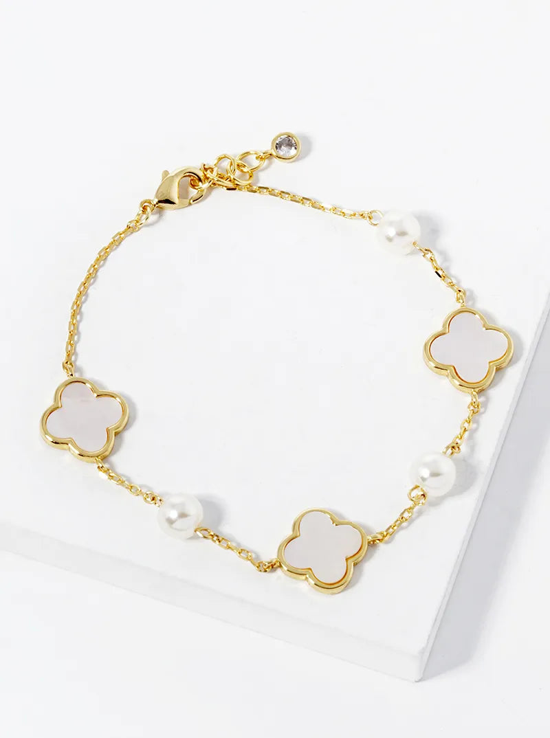 18K Gold Dipped Three 11mm Quatrefoil With Pearl Beads Bracelet