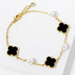18K Gold Dipped Three 11mm Quatrefoil With Pearl Beads Bracelet