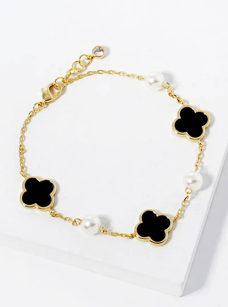 18K Gold Dipped Three 11mm Quatrefoil With Pearl Beads Bracelet