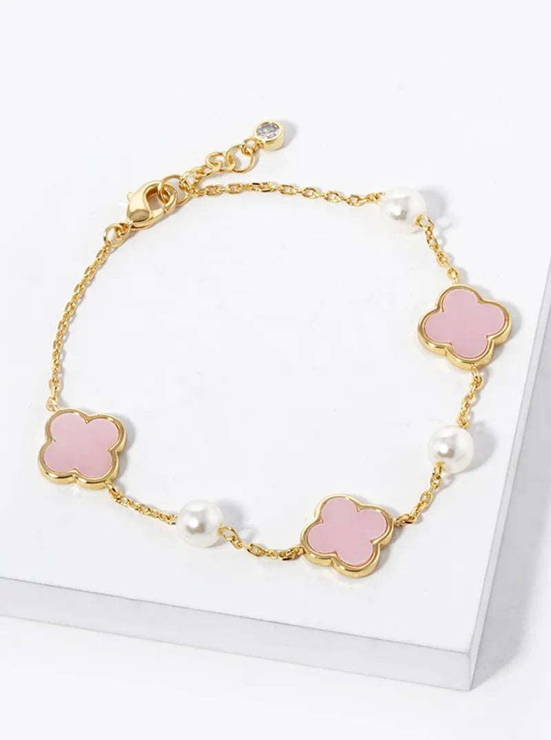 18K Gold Dipped Three 11mm Quatrefoil With Pearl Beads Bracelet
