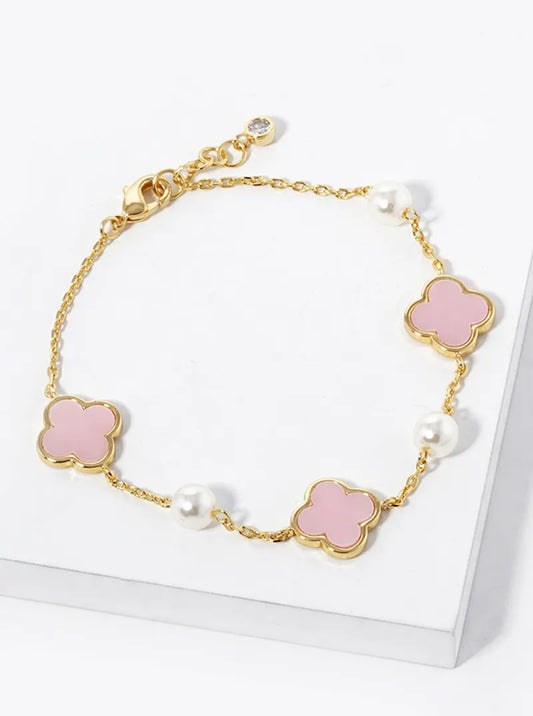 18K Gold Dipped Three 11mm Quatrefoil With Pearl Beads Bracelet