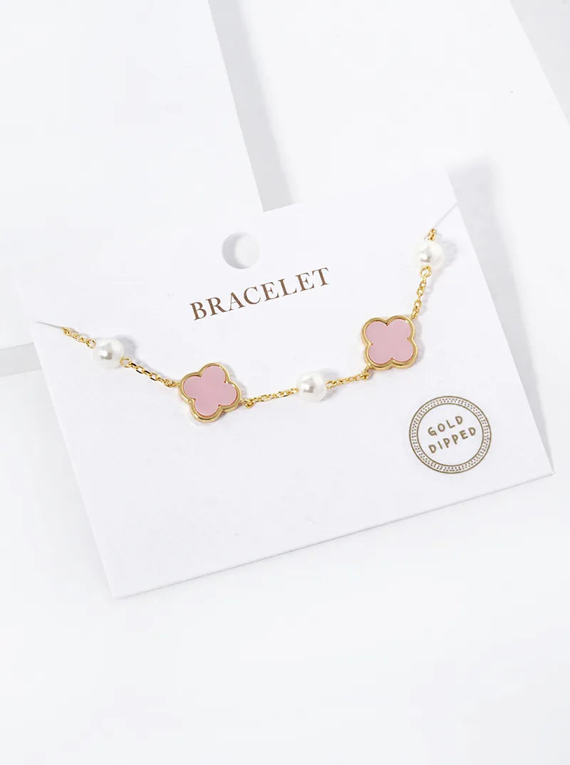 18K Gold Dipped Three 11mm Quatrefoil With Pearl Beads Bracelet