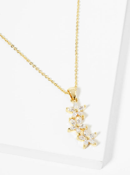 18K Gold Dipped Three CZ Flower Drop Pendant Necklace