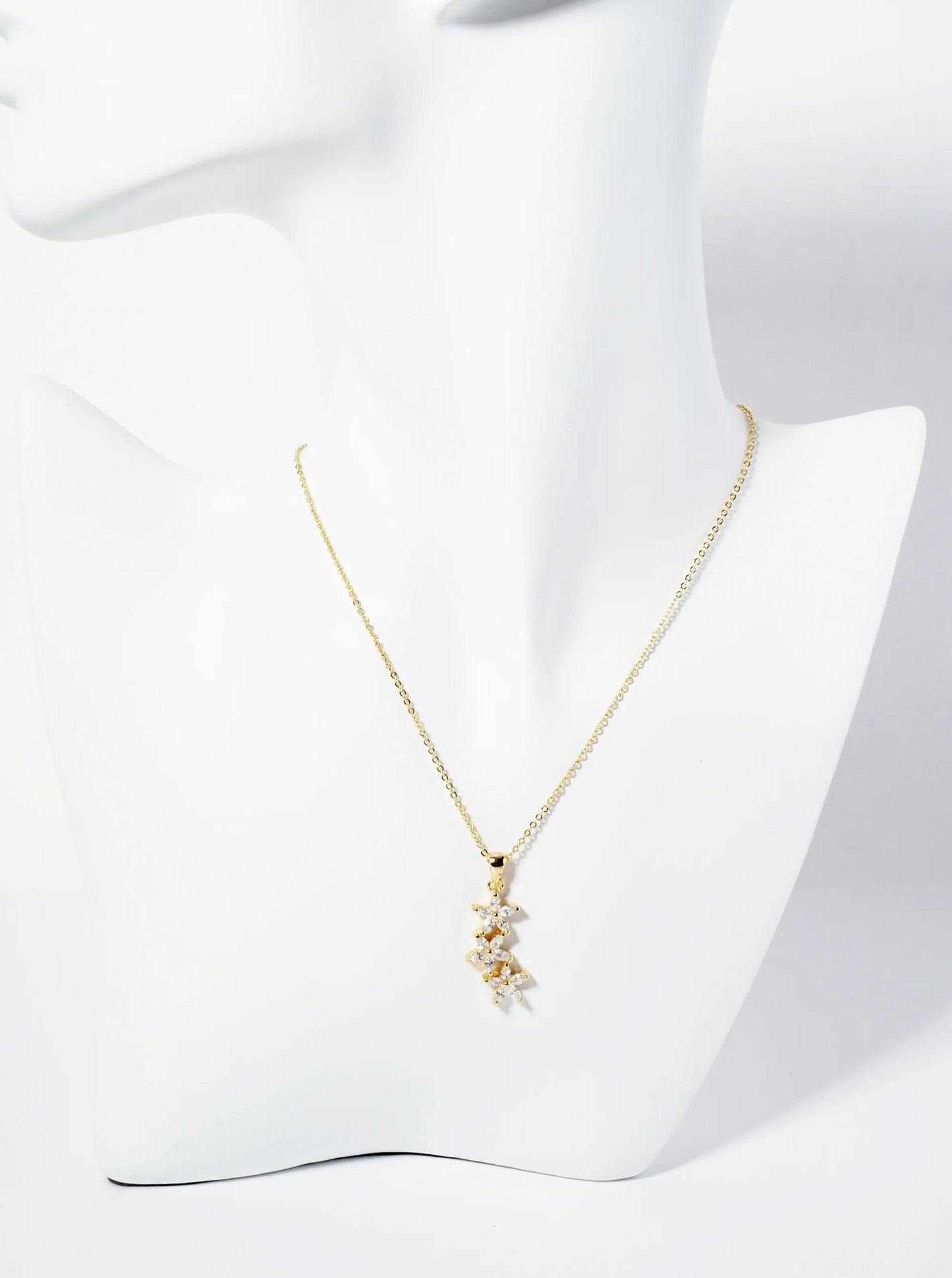18K Gold Dipped Three CZ Flower Drop Pendant Necklace