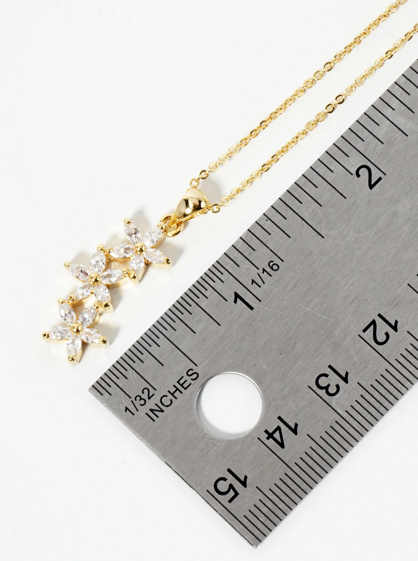 18K Gold Dipped Three CZ Flower Drop Pendant Necklace