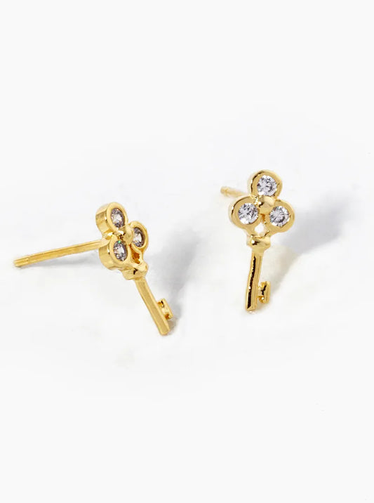 18K Gold Dipped Three CZ Stones Key Stud Earrings