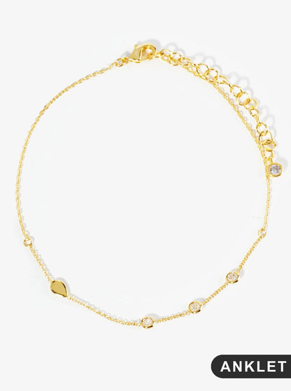 18K Gold Dipped Three CZ Stones With Teardrop Brass Chain Anklet