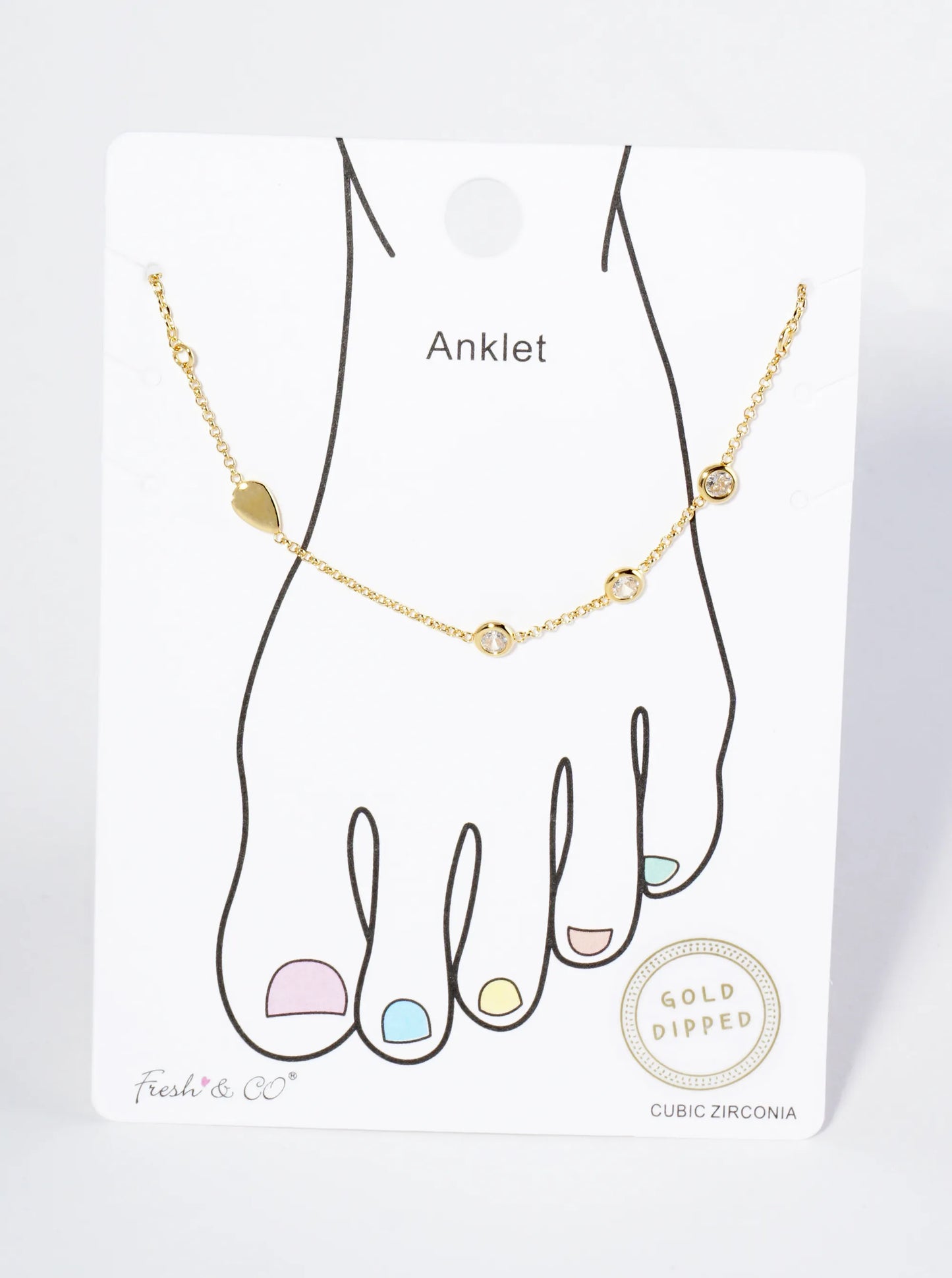 18K Gold Dipped Three CZ Stones With Teardrop Brass Chain Anklet