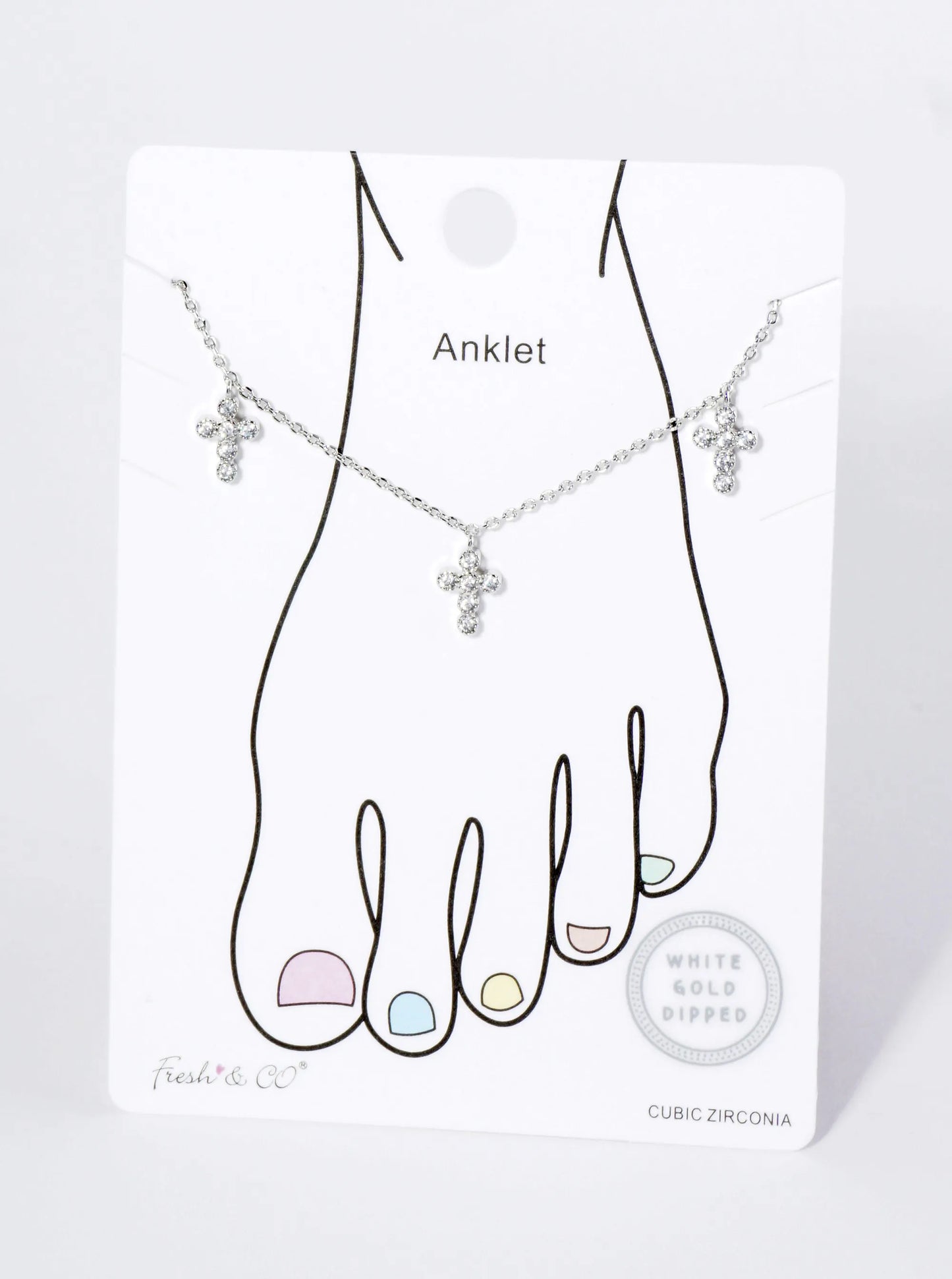 18K Gold Dipped Three Cubic Zirconia Cross Charms Brass Chain Anklet