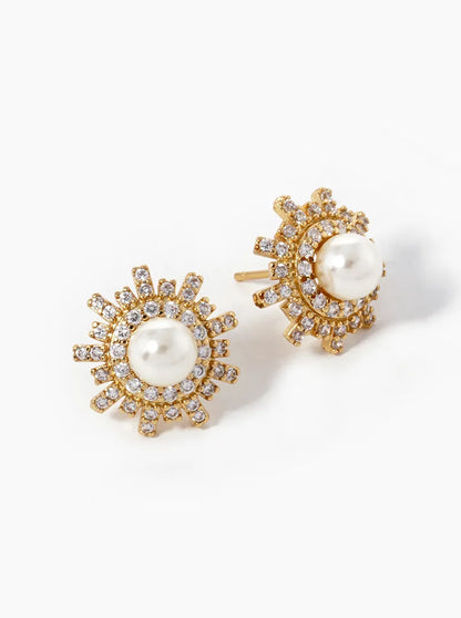 18K Gold Dipped Three-Dimensional Sunburst With Pearl Stud Earrings