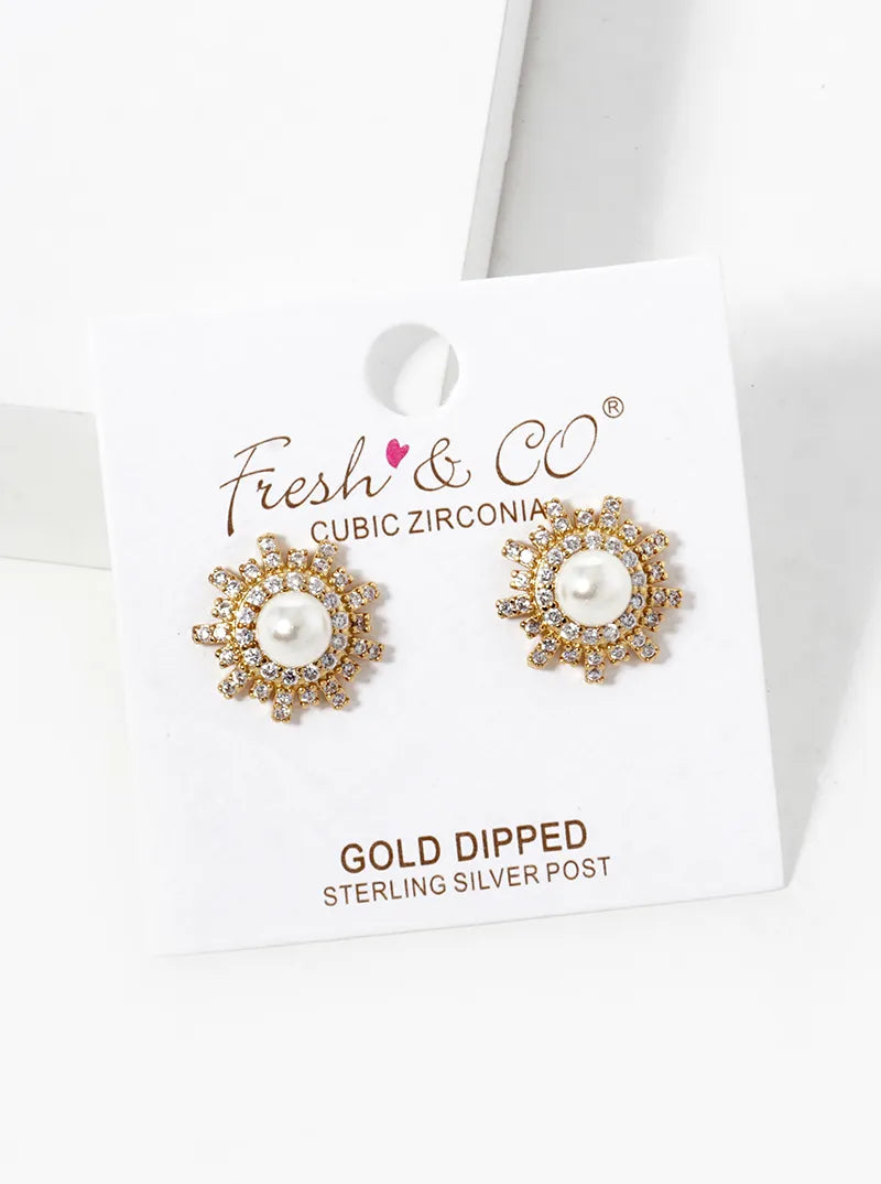 18K Gold Dipped Three-Dimensional Sunburst With Pearl Stud Earrings