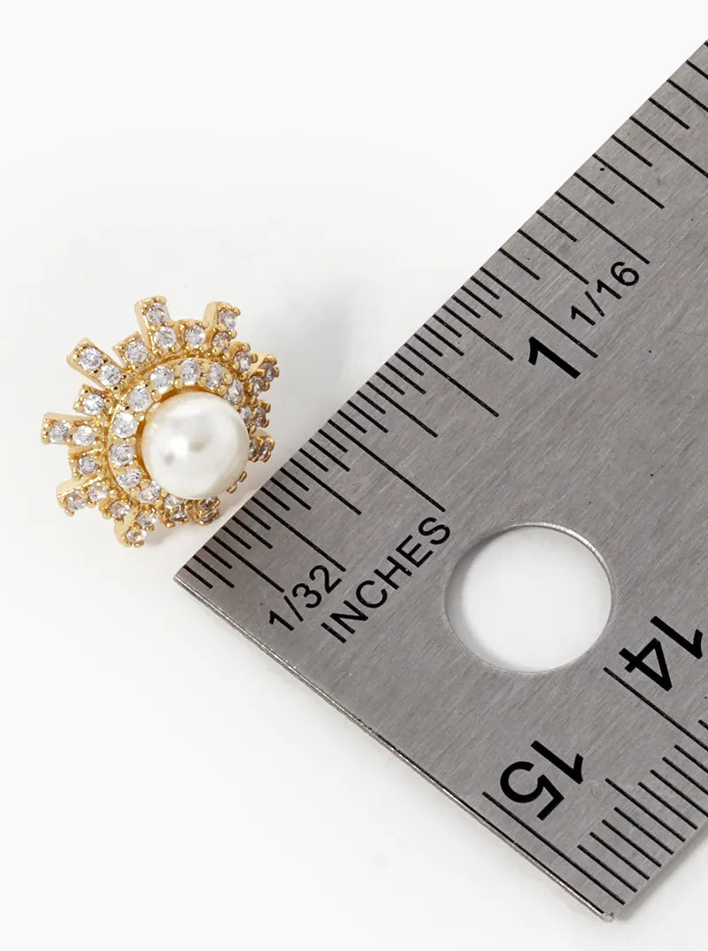 18K Gold Dipped Three-Dimensional Sunburst With Pearl Stud Earrings