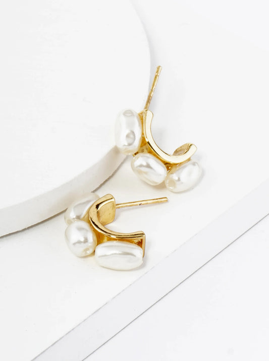 18K Gold Dipped Three Freshwater Pearl 15mm Hoop Earrings