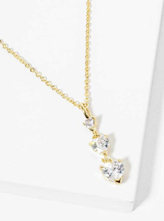 18K Gold Dipped Three Graduated Heart CZ Stones Pendant Necklace