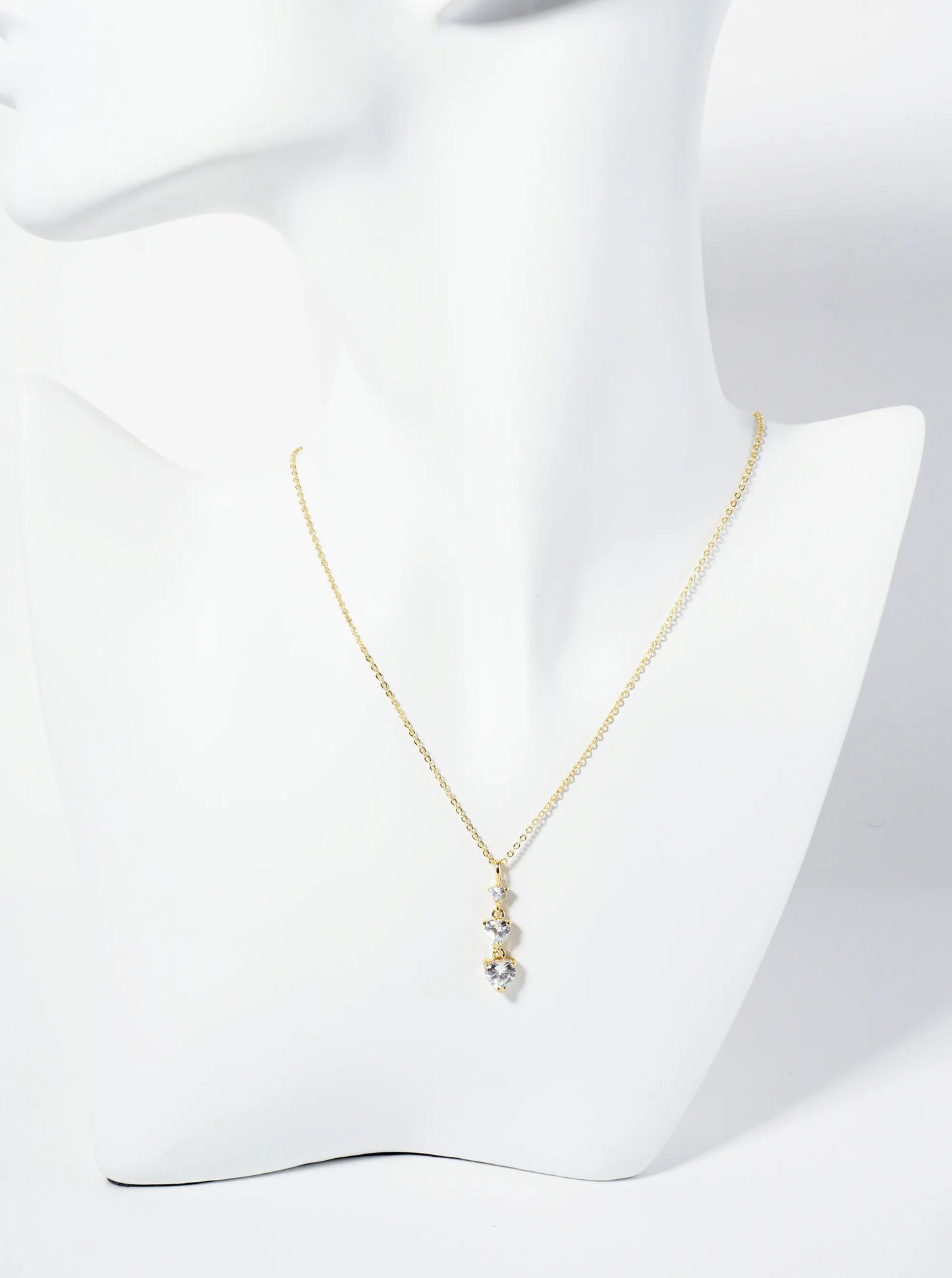 18K Gold Dipped Three Graduated Heart CZ Stones Pendant Necklace