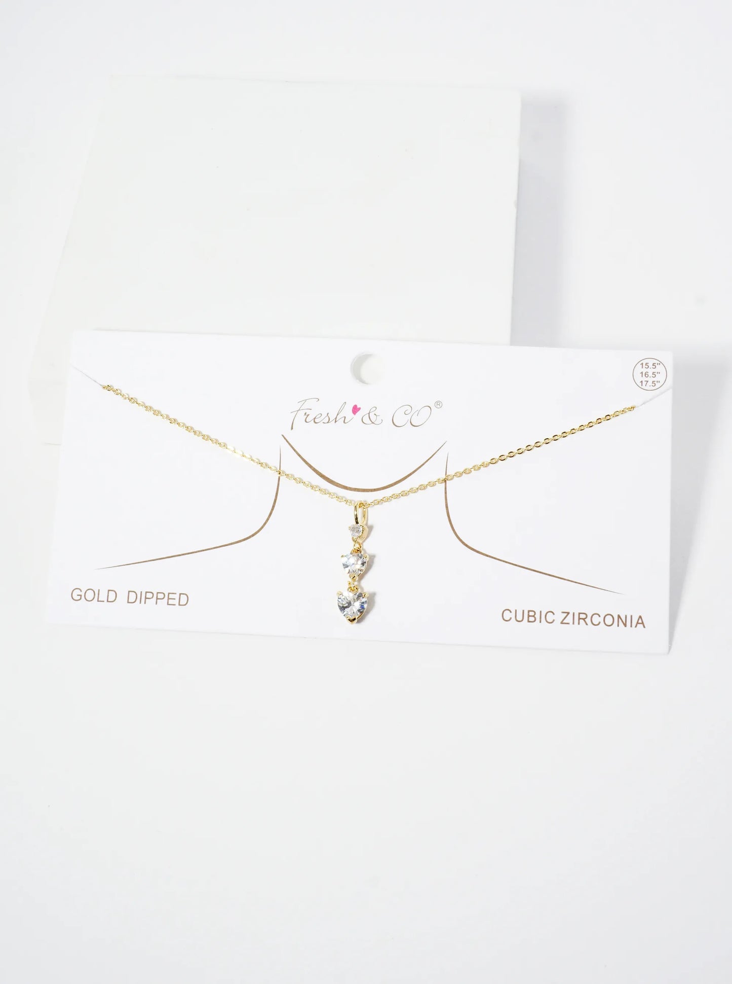 18K Gold Dipped Three Graduated Heart CZ Stones Pendant Necklace