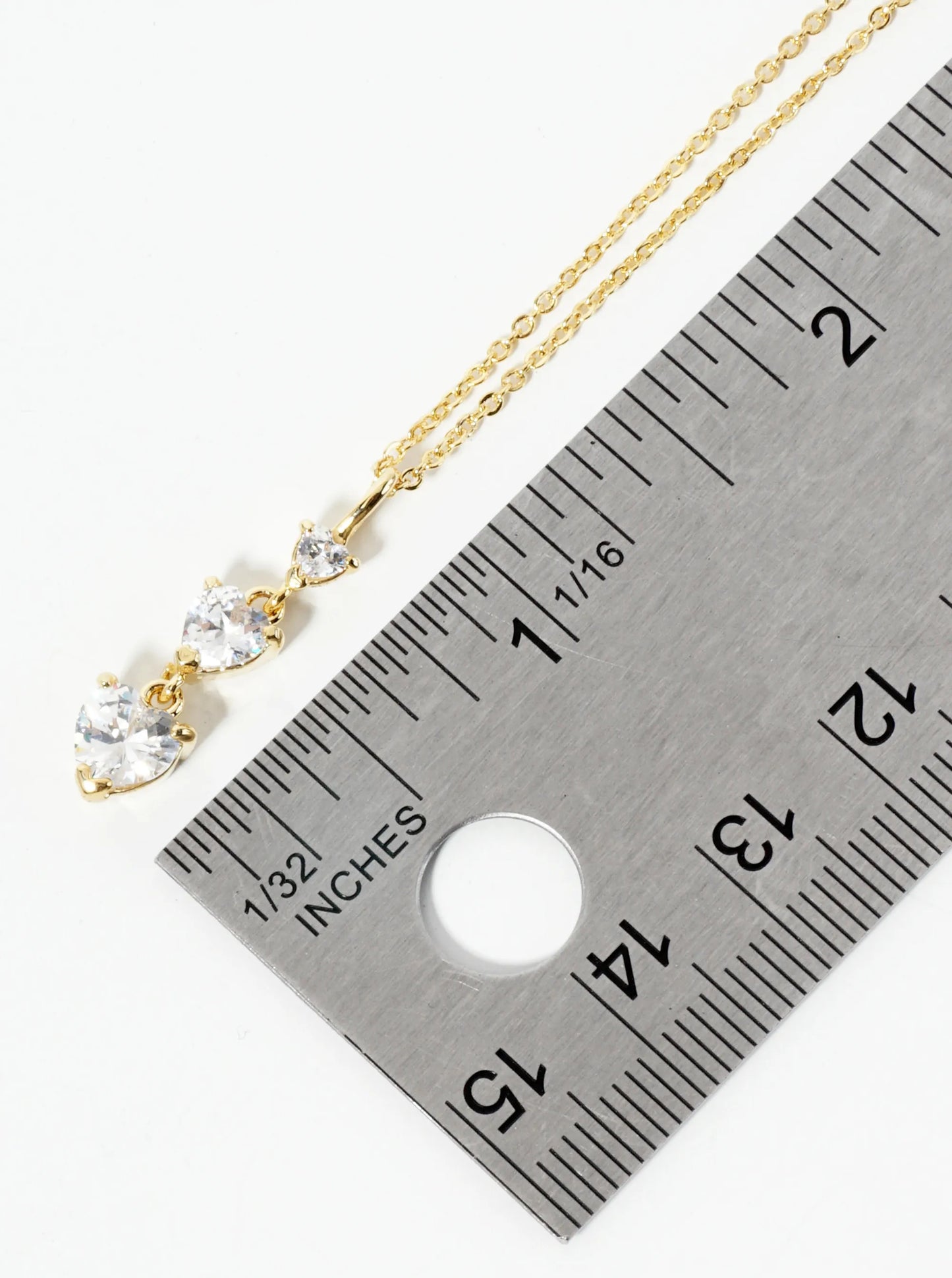 18K Gold Dipped Three Graduated Heart CZ Stones Pendant Necklace