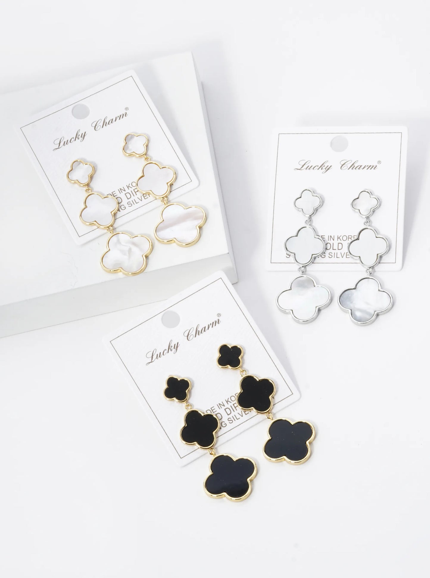 18K Gold Dipped Three Graduated Quatrefoil Drop Dangle Post Earrings