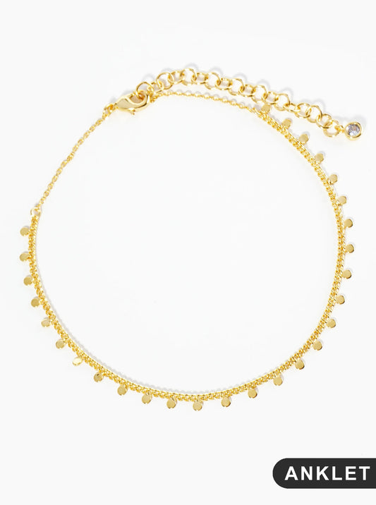 18K Gold Dipped Tiny Brass Disc Charm Tassel Anklet