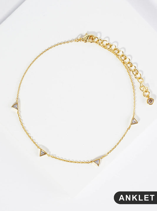 18K Gold Dipped Triangle Cubic Zirconia Brass Chain Anklet