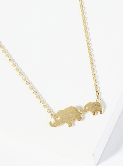 18K Gold Dipped Two Brushed Brass Elephants Pendant Necklace