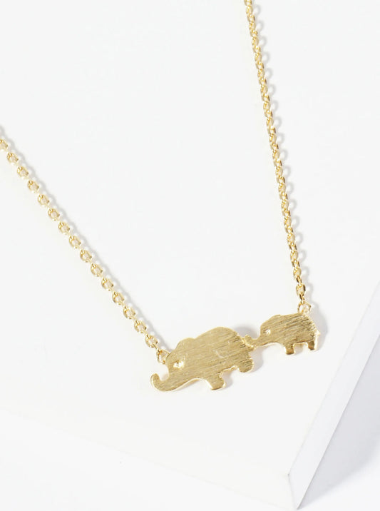 18K Gold Dipped Two Brushed Brass Elephants Pendant Necklace