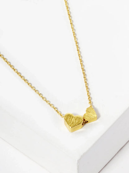 18K Gold Dipped Two Brushed Heart Pendant Necklace