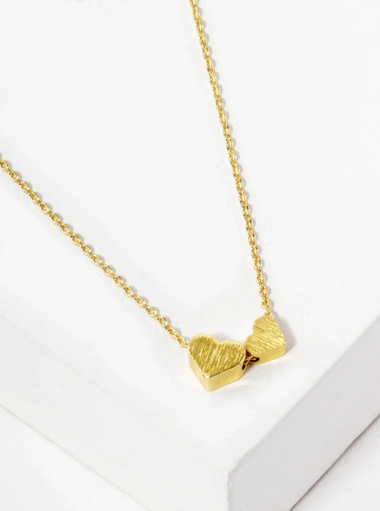 18K Gold Dipped Two Brushed Heart Pendant Necklace