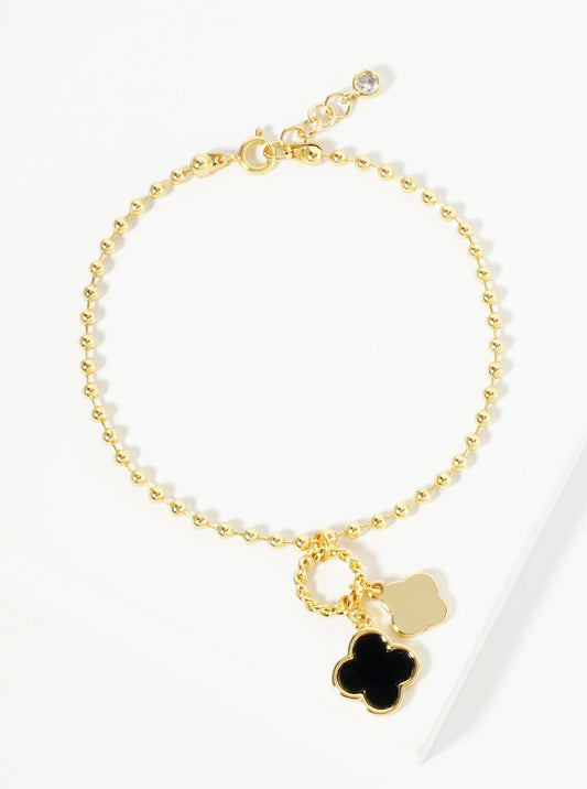 18K Gold Dipped Two Quatrefoils Charm Ball Chain Bracelet