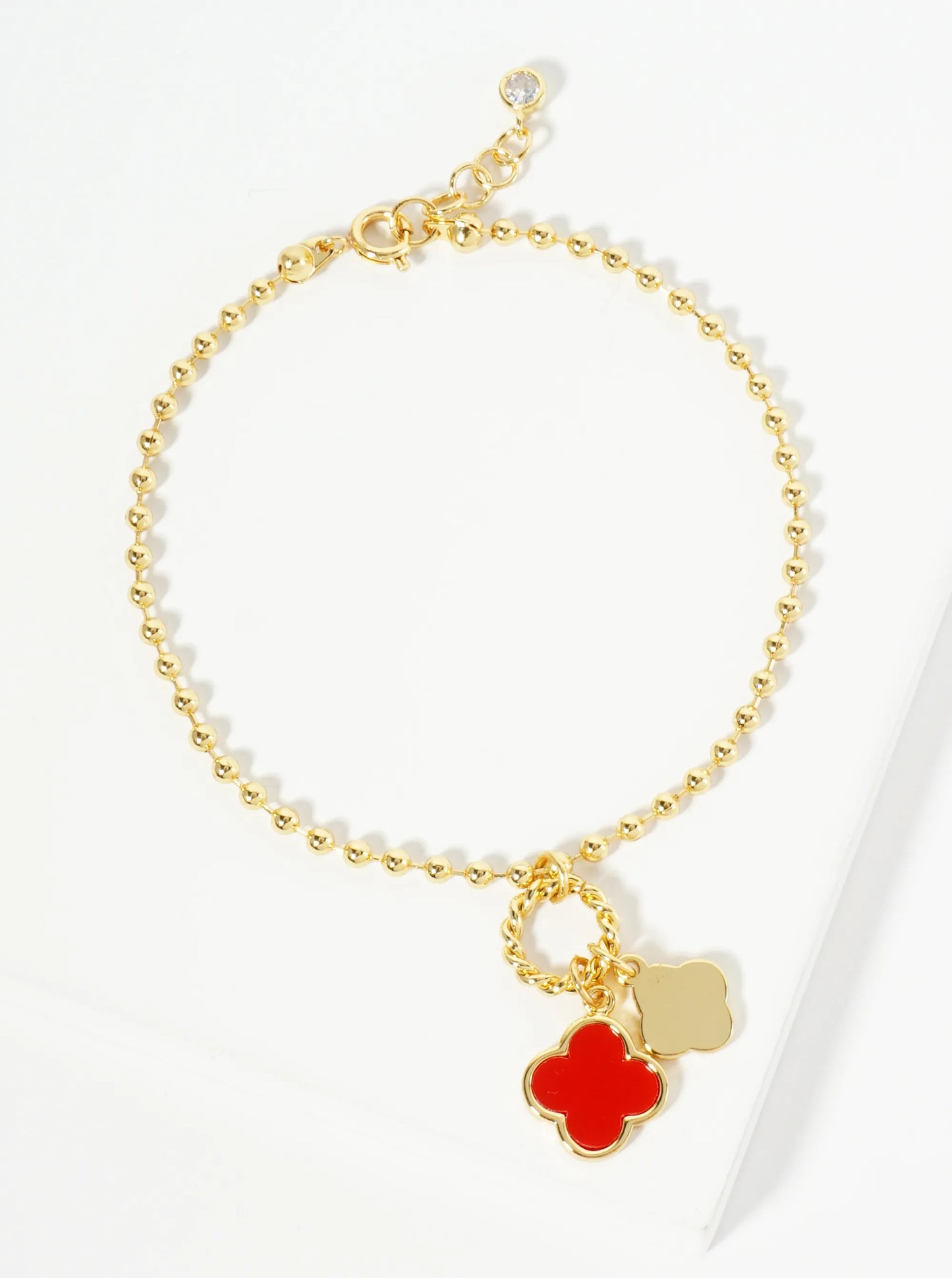 18K Gold Dipped Two Quatrefoils Charm Ball Chain Bracelet