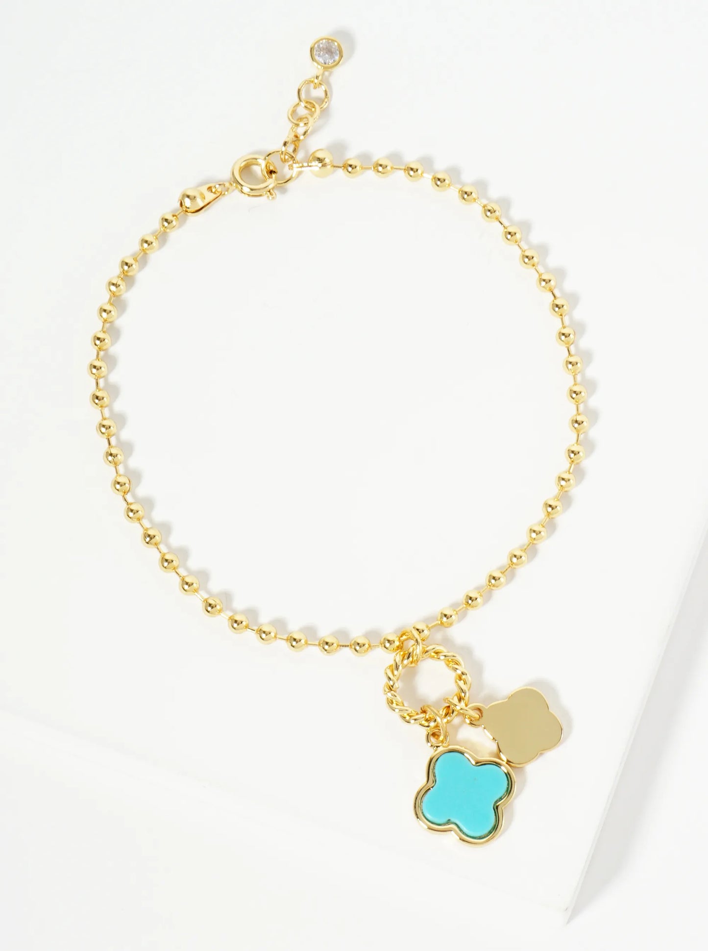 18K Gold Dipped Two Quatrefoils Charm Ball Chain Bracelet